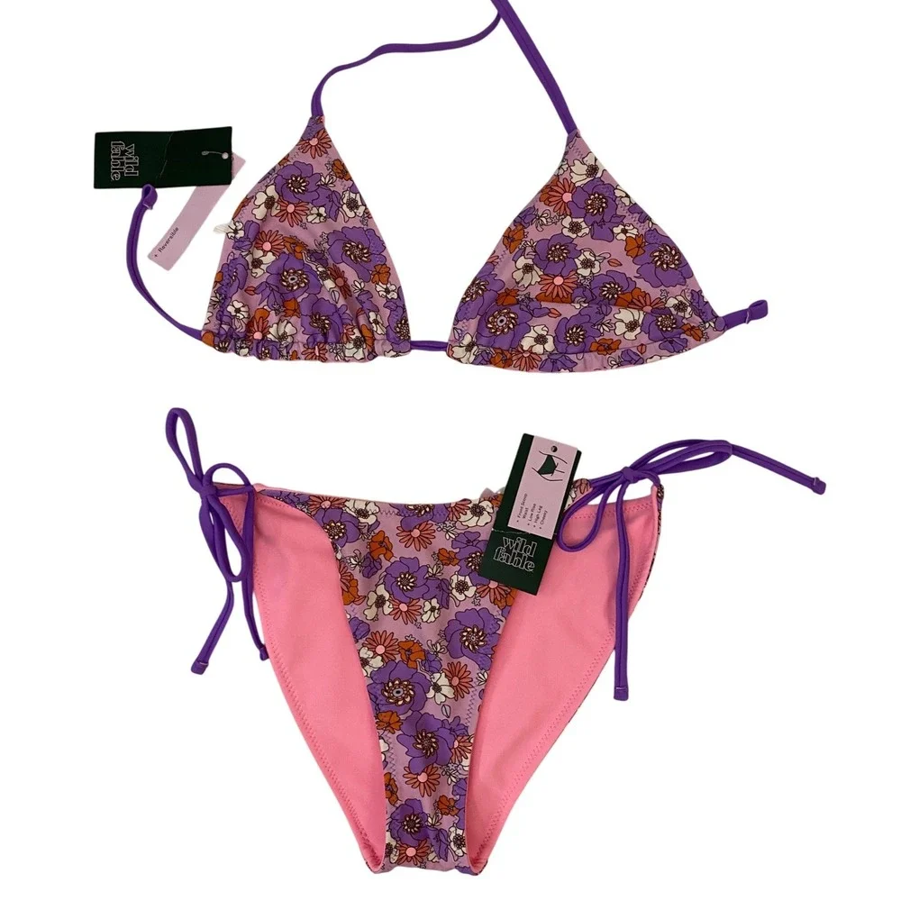 Wild Fable Reversible Floral Bikini Set XS Purple Pink Triangle Top Tie Bottoms